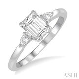 3/4 ctw Octagon Emerald and Pear Cut Diamond Ladies Engagement Ring with 1/2 Ct Emerald Cut Center Stone in 14K White Gold
