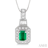 7x5mm Octagon Cut Emerald and 1/2 Ctw Round and Baguette Cut Diamond Pendant in 14K White Gold with Chain
