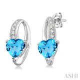 7x7 mm Heart Shape Blue Topaz and 1/20 ctw Single Cut Diamond Earrings in Sterling Silver