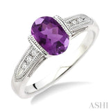 8x6 mm Oval Cut Amethyst and 1/20 Ctw Single Cut Diamond Ring in Sterling Silver