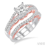 7/8 Ctw Diamond Wedding Set with 3/4 Ctw Round Cut Engagement Ring and 1/6 Ctw Wedding Band in 14K White and Rose Gold