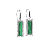 Rhodium Finish Sterling Silver Earrings with Rectangular Simulated Emerald Stones and Simulated Diamonds