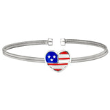 Rhodium Finish Sterling Silver Two Cable Cuff Bracelet with a Centeral Heart with an American Flag..