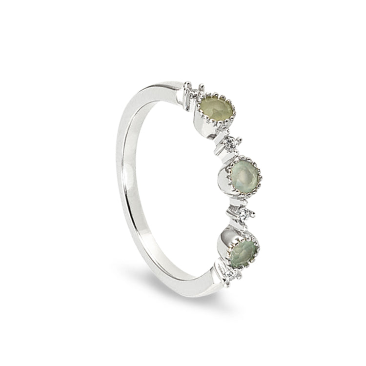 Platinum Finish Sterling Silver Green 3 Stone Ring with Simulated Diamonds