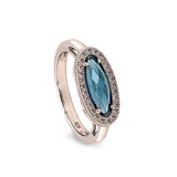 Platinum Finish Sterling Silver Micropave Oblong Ring with Simulated London Blue Topaz and Simulated Diamonds