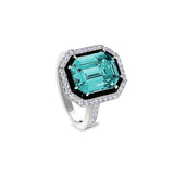 Platinum Finish Sterling Silver Micropave Black Enamel & Aqua Spinel Octagon Ring with Simulated Diamonds - Size 7