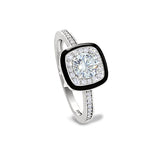 Platinum Finish Sterling Silver Micropave Cushion Cut Ring with Thin Black Enamel and Simulated Diamonds - Size 7
