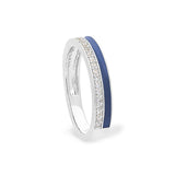 Platinum Finish Sterling Silver Micropave Ring with with Navy Enamel and Simulated Diamondss