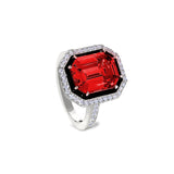 Platinum Finish Sterling Silver Micropave Black Enamel & Simulated Ruby Octagon Ring with Simulated Diamonds - Size 8