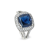 Platinum Finish Sterling Silver Micropave Emerald Cut Ring with Synthetic Blue Sapphire and Simulated Diamonds
